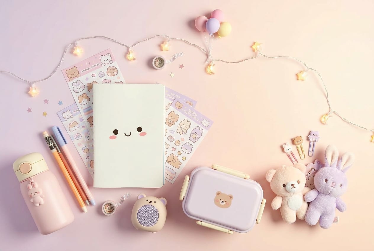 Kawaii stationery flat lay